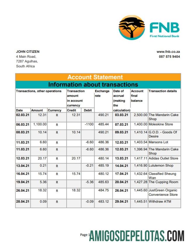 Exemplo de PDF do FNB Excel da África do Sul